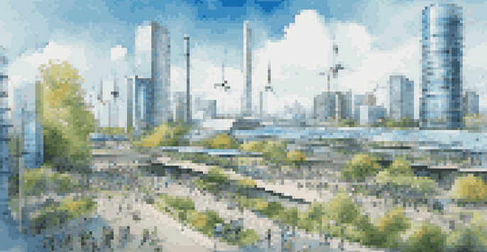 A modern city skyline with solar panels, wind turbines, and digital billboards, showing a sustainable urban environment.