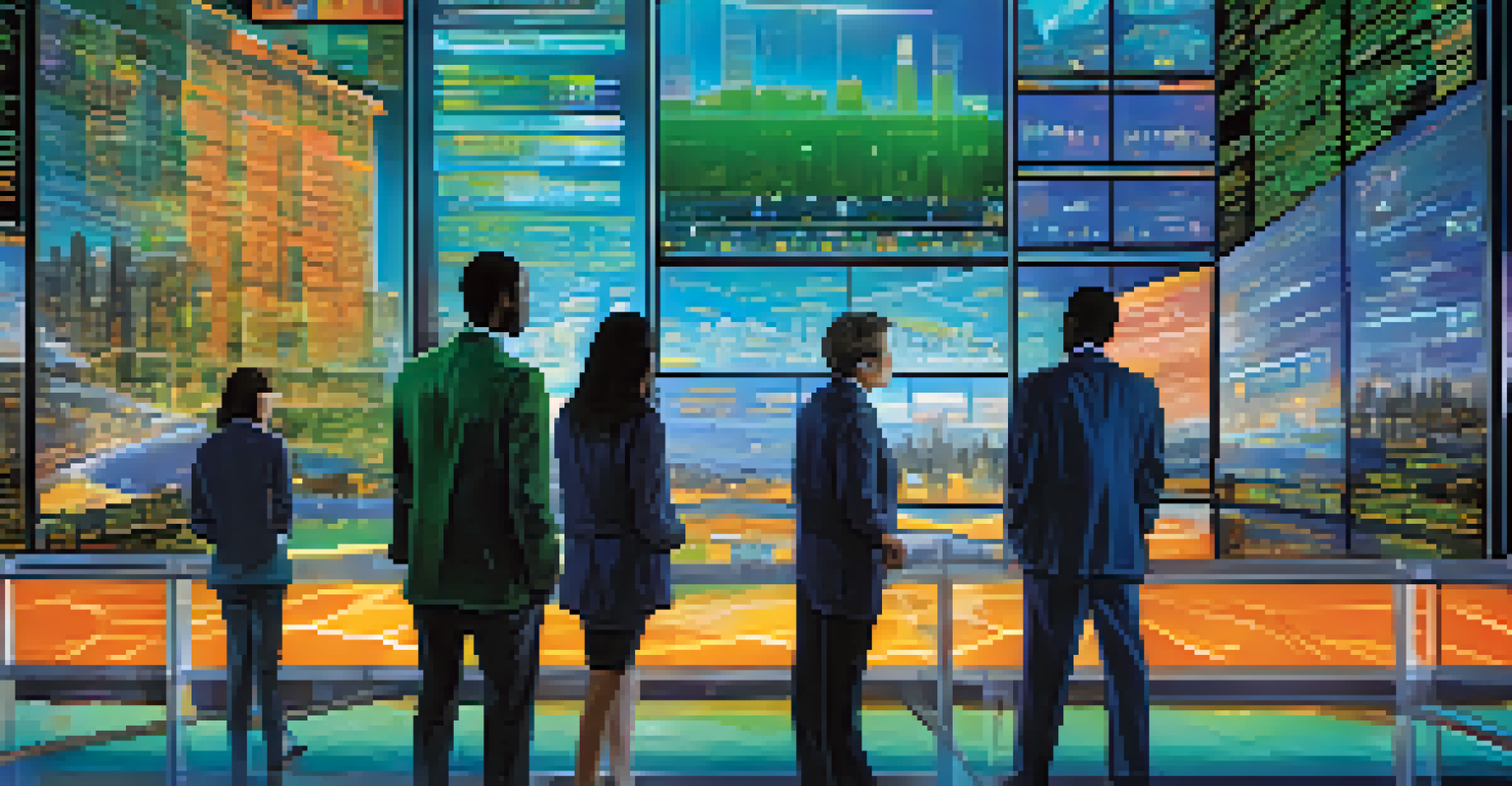 A futuristic city skyline with digital screens showing stock prices and trends, and people interacting with holographic data displays.
