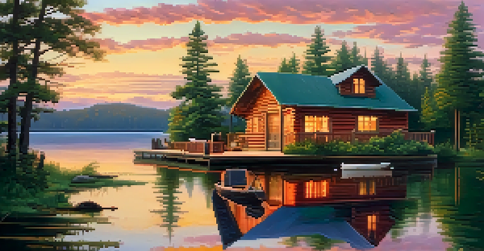 A cozy cabin by a lake at sunset with vibrant colors in the sky and green trees surrounding it.