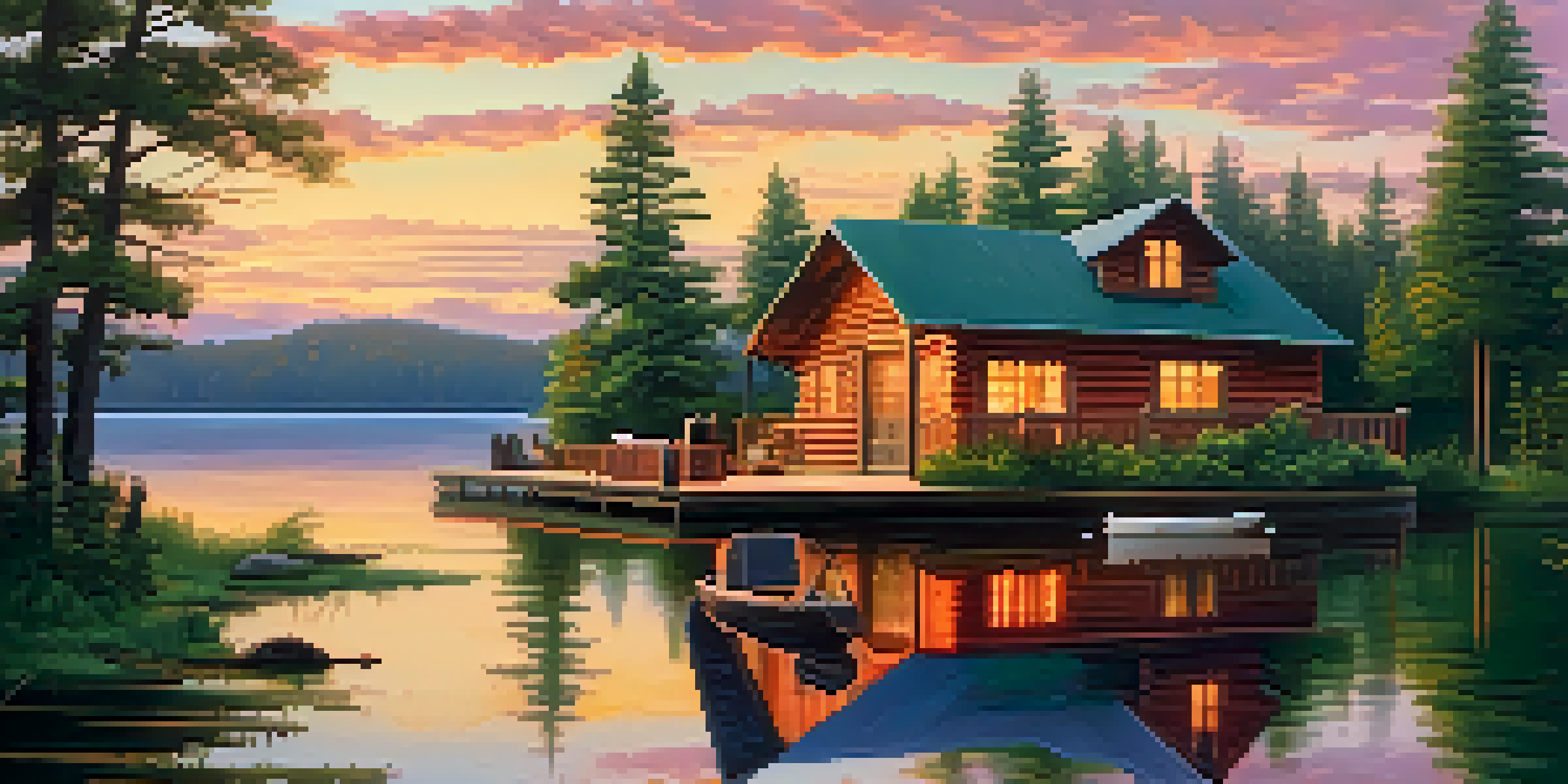 A cozy cabin by a lake at sunset with vibrant colors in the sky and green trees surrounding it.