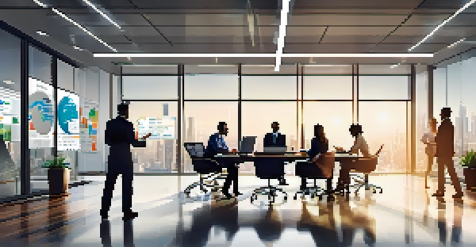 A diverse group of employees collaborating in a bright office setting, discussing ideas with laptops and charts visible.