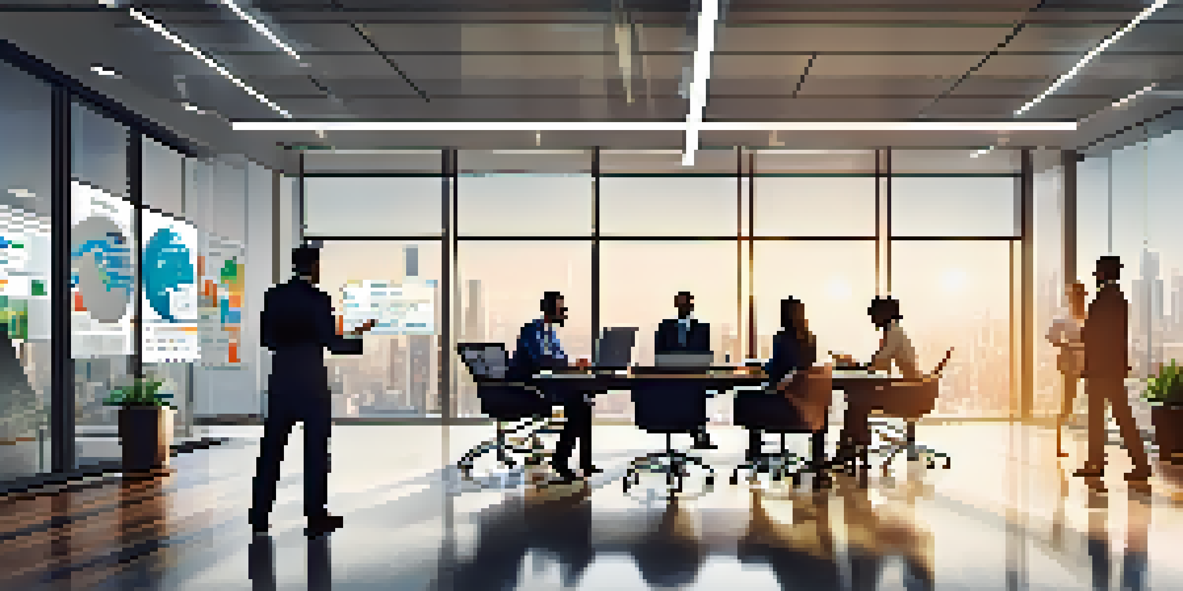 A diverse group of employees collaborating in a bright office setting, discussing ideas with laptops and charts visible.