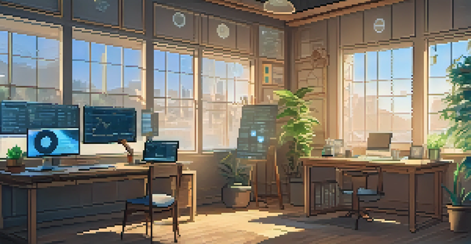 A cozy workspace featuring a wooden desk with cryptocurrency charts and research articles on screens, warm lighting, a potted plant, and a cup of coffee.