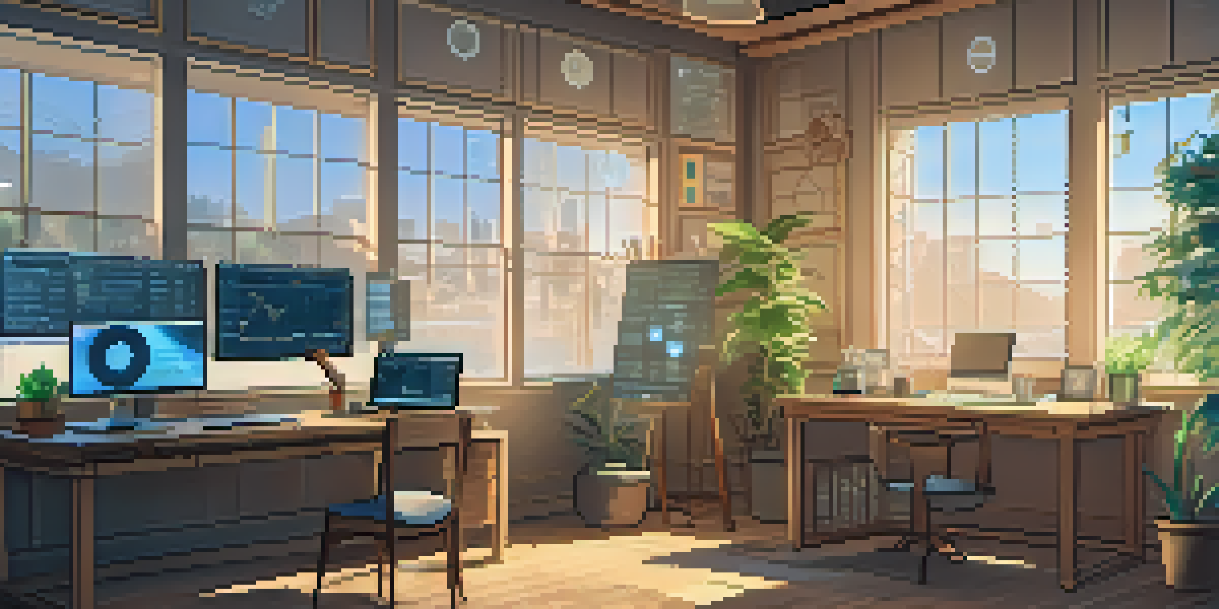 A cozy workspace featuring a wooden desk with cryptocurrency charts and research articles on screens, warm lighting, a potted plant, and a cup of coffee.