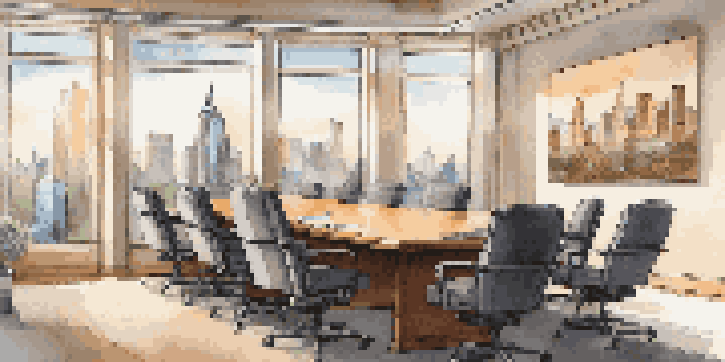 An inviting investment club meeting room with a large wooden table and framed financial charts on the walls, illuminated by soft lighting and a view of a city skyline through the window.
