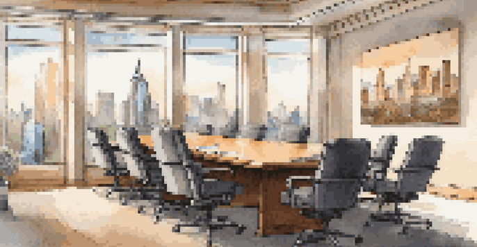 An inviting investment club meeting room with a large wooden table and framed financial charts on the walls, illuminated by soft lighting and a view of a city skyline through the window.