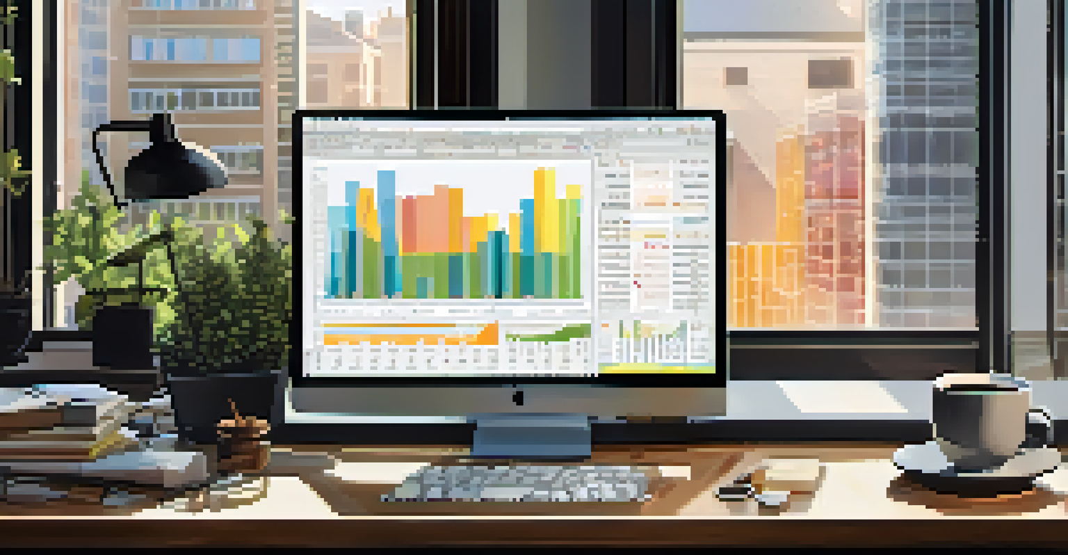 A workspace with a computer showing stock market charts, notebooks, and a cup of coffee, illuminated by morning light.