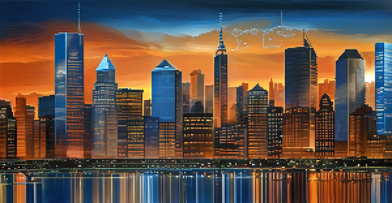 A city skyline with financial buildings, overlaid with digital graphs and indicators against a sunset sky.