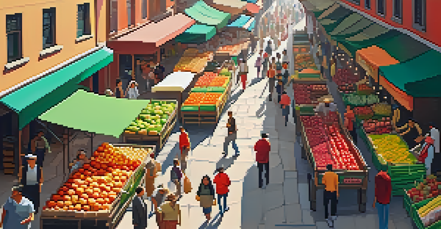 A vibrant city market from above, with colorful stalls and people mingling among fruits and vegetables.