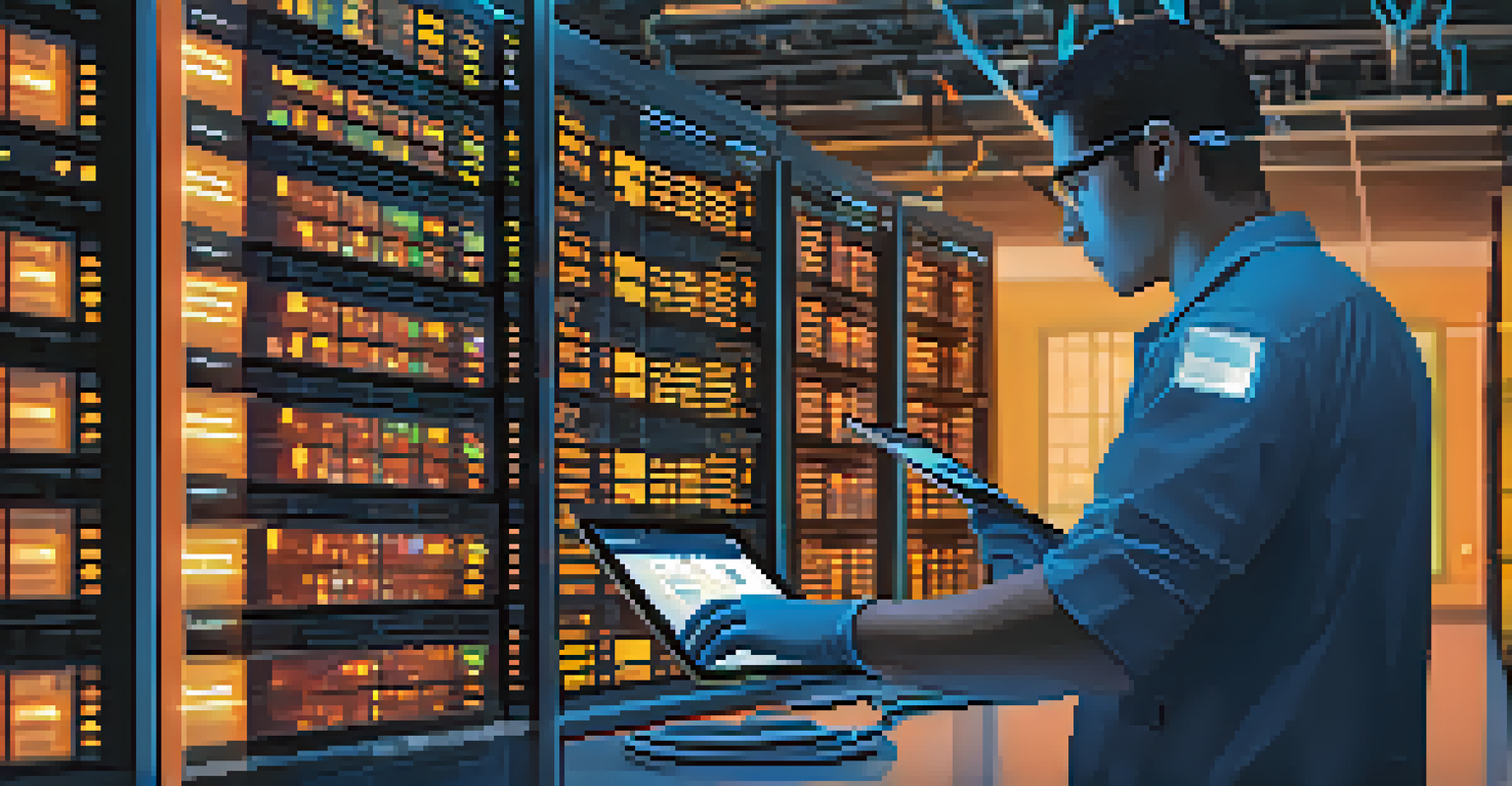 Close-up of a technician monitoring data center servers with a tablet.