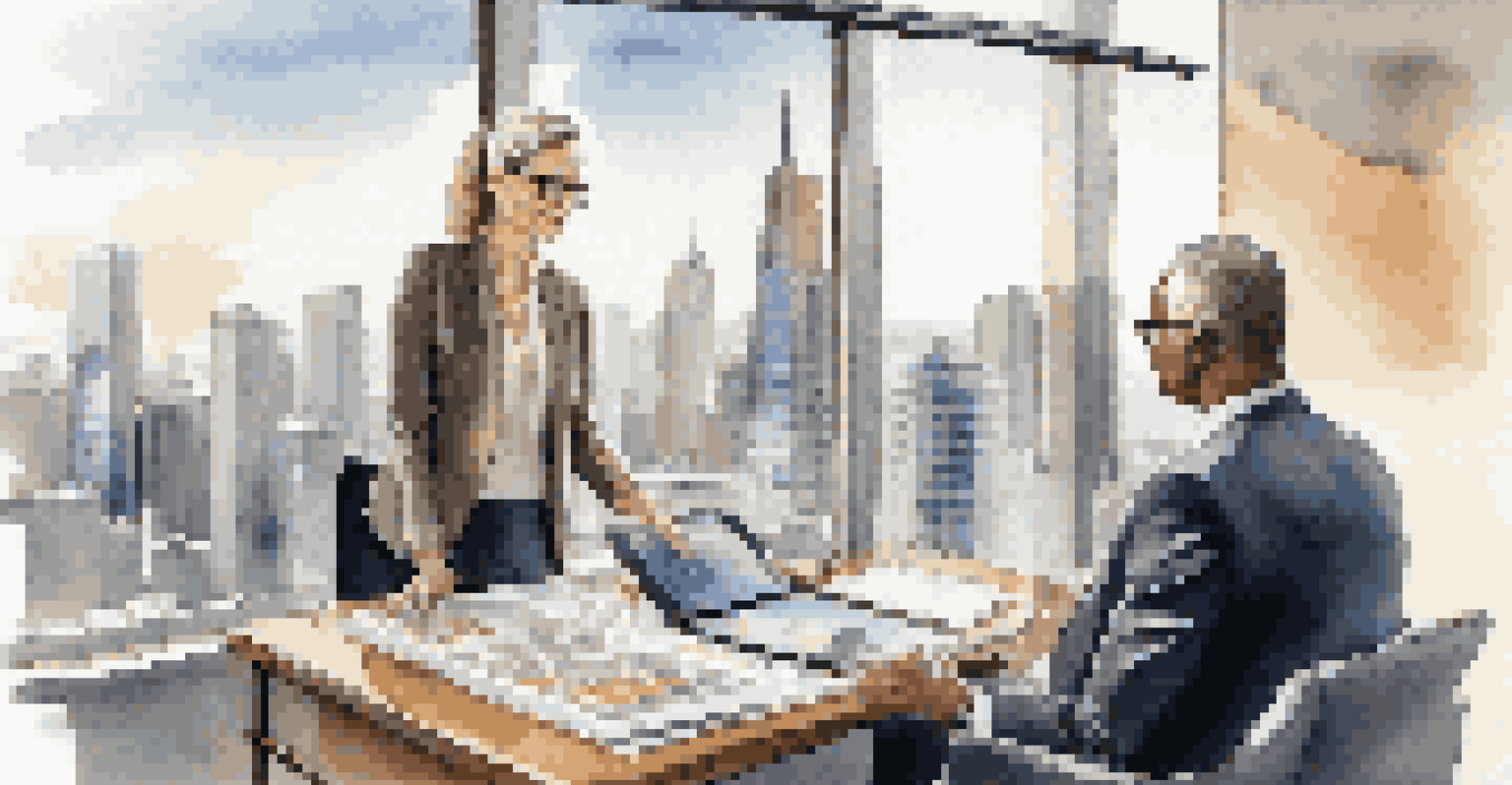 A financial advisor showing a digital chart to a client in a modern office with a city view.