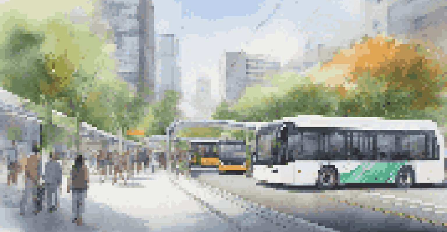 A modern transportation hub with electric buses, self-driving shuttles, and commuters amidst a green environment.