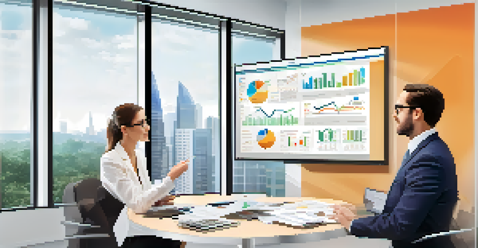A financial advisor and client discussing investment strategies in a modern office with financial data displayed on a screen and notes on a whiteboard.