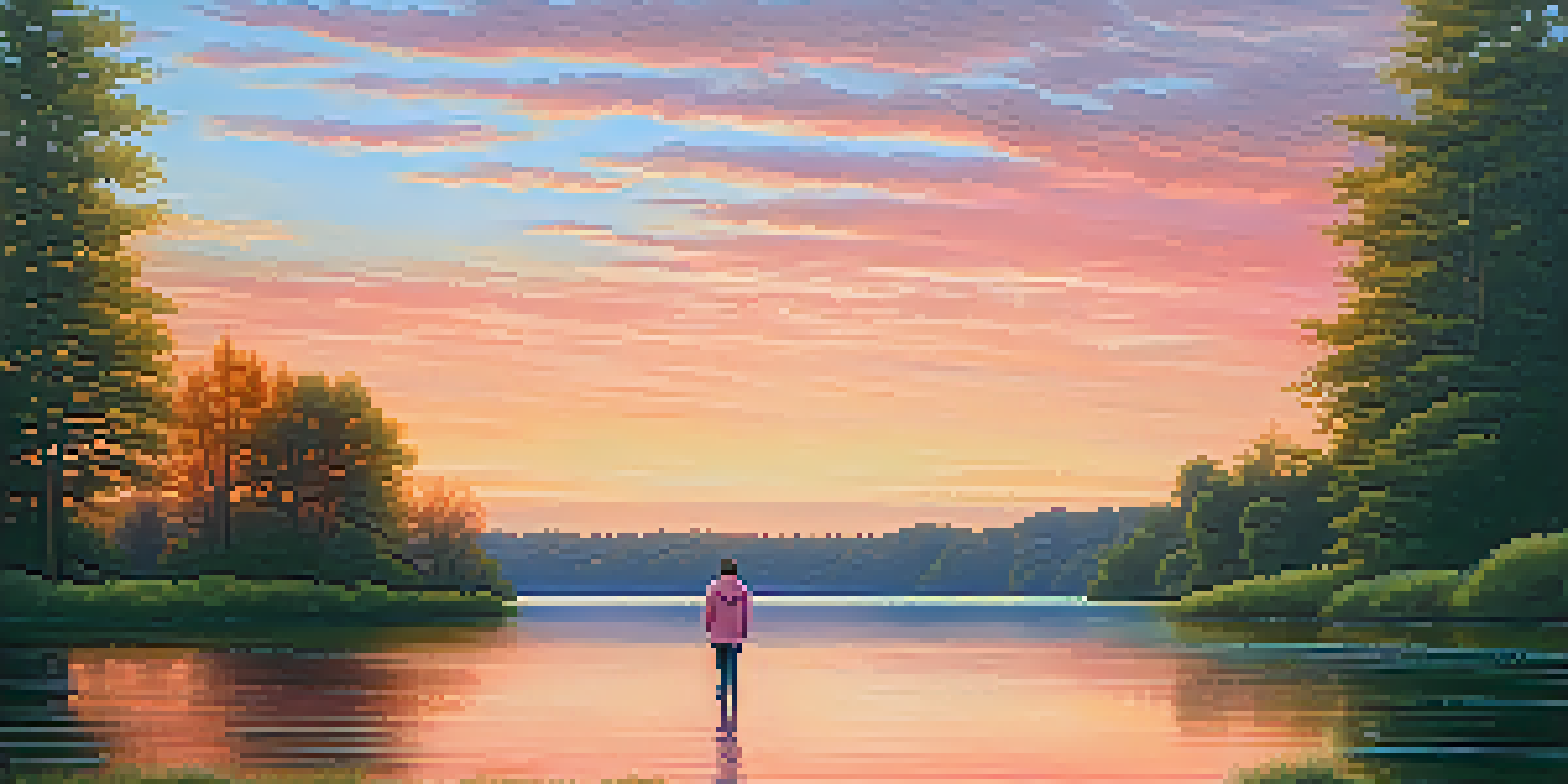 A person in a sweater and jeans stands by a calm lake at sunset, with colorful skies and greenery around them.