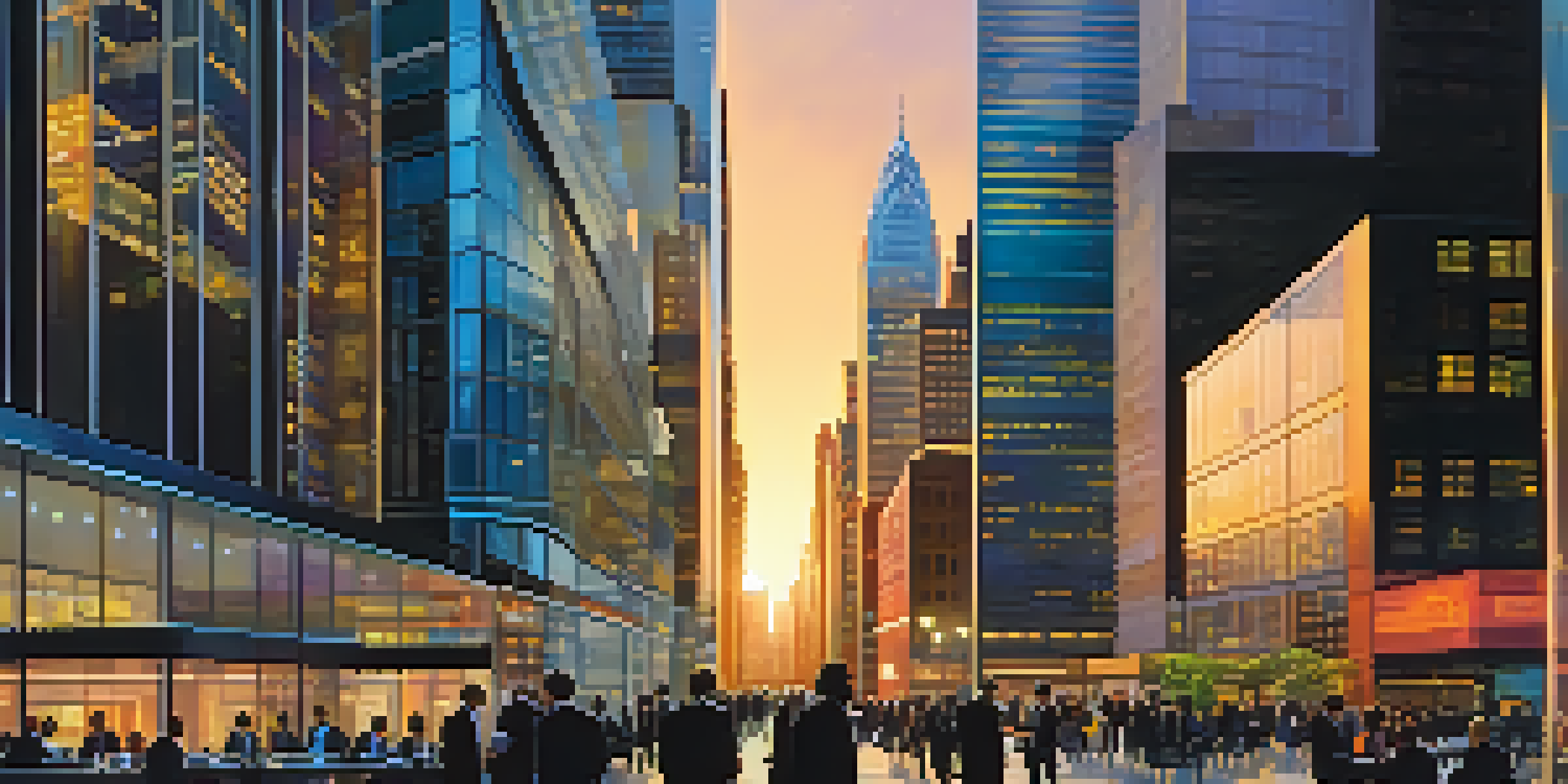 A busy financial district at sunset with modern skyscrapers and professionals in business attire discussing.