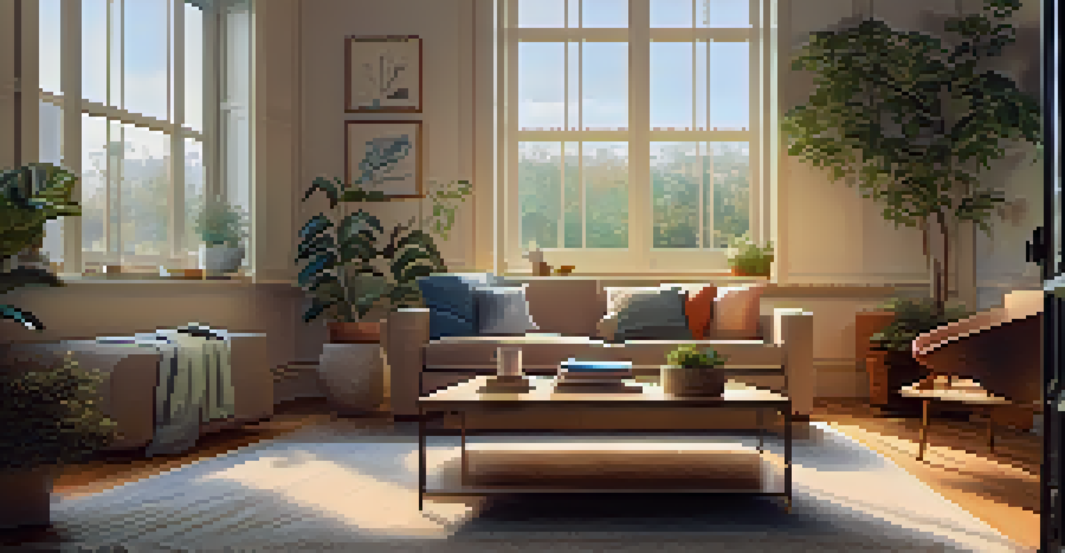 A cozy living room illuminated by afternoon light, featuring a comfortable sofa, coffee table with a notepad, and a potted plant, representing financial stability.