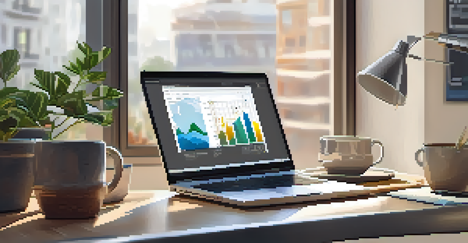 A modern office desk with a laptop displaying a financial report, a potted plant, and a cup of coffee in a well-lit environment.