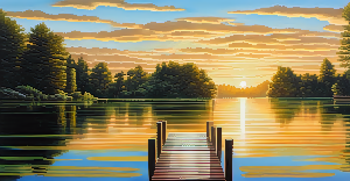 A peaceful lake scene with a wooden dock, surrounded by green trees and a sunset sky.