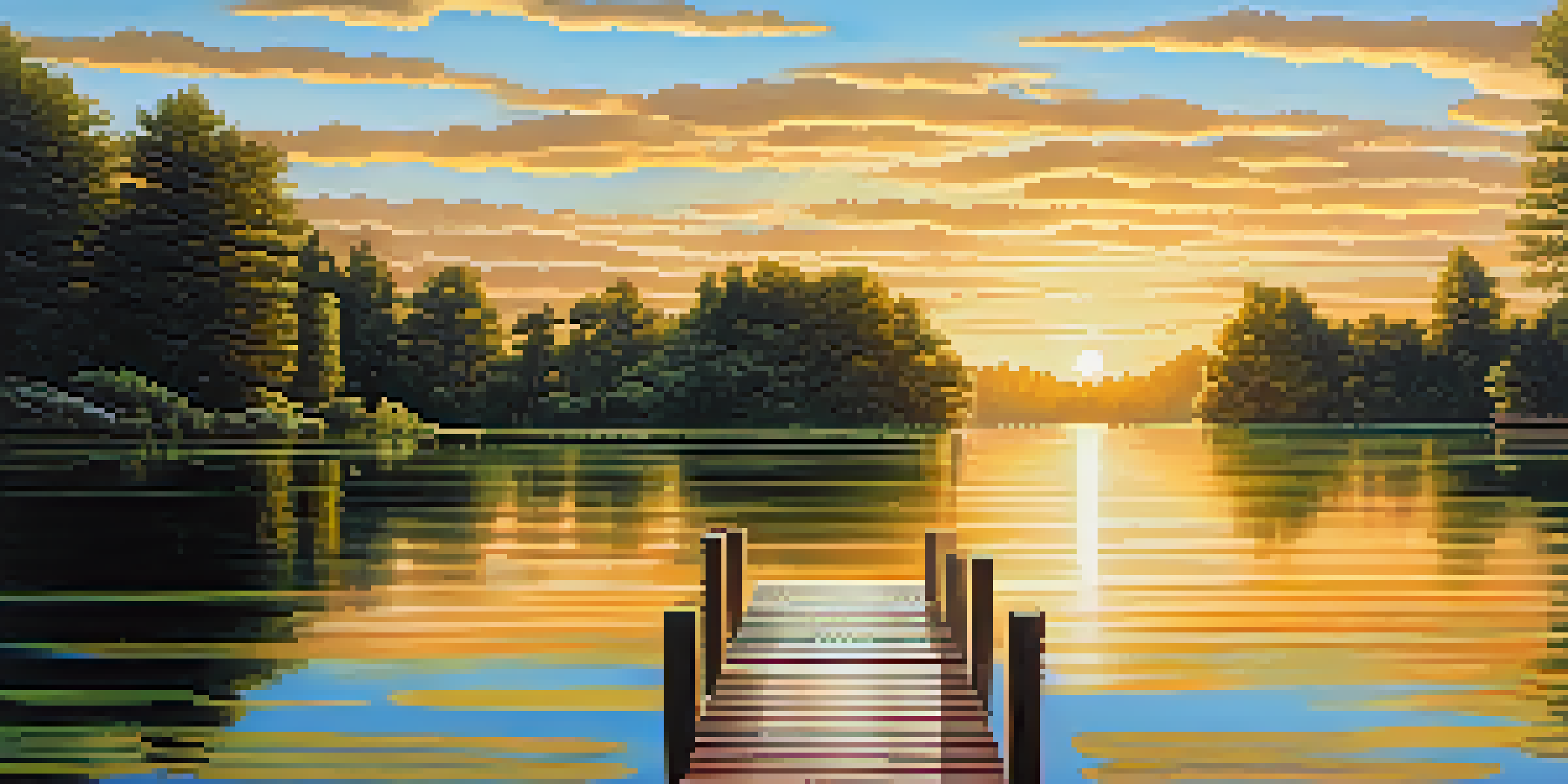 A peaceful lake scene with a wooden dock, surrounded by green trees and a sunset sky.