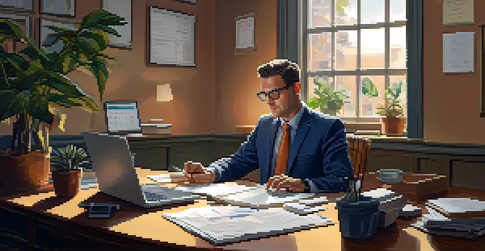 A small business owner analyzing financial documents at a desk with warm lighting and wooden furniture.