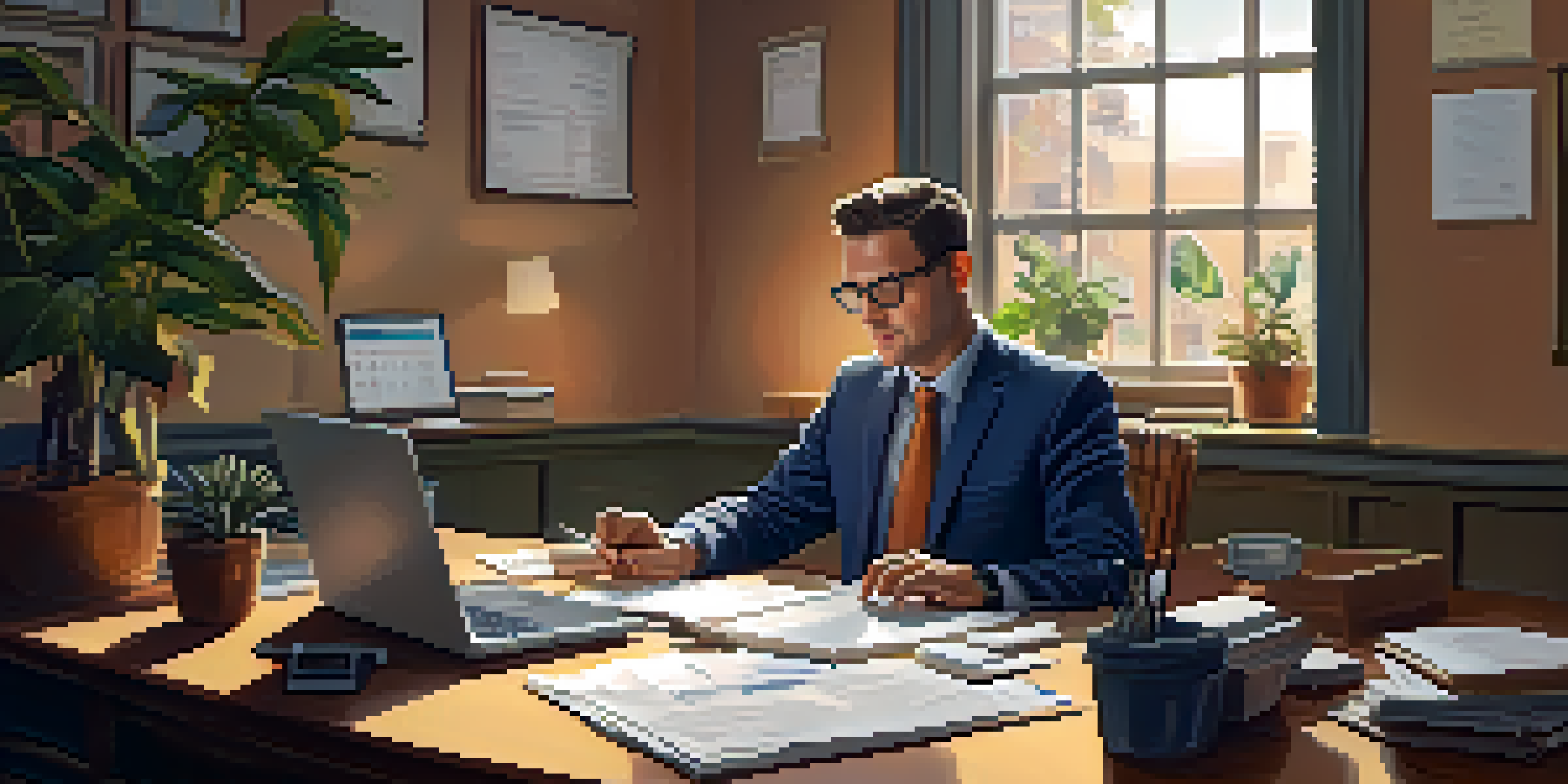 A small business owner analyzing financial documents at a desk with warm lighting and wooden furniture.