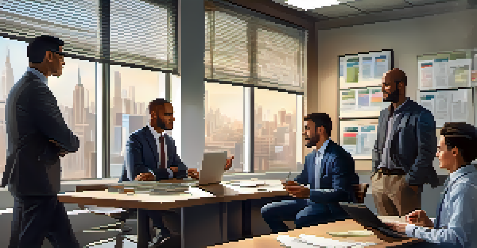 A diverse group of small business owners in a meeting room, discussing financial regulations with documents and laptops open, and a cityscape visible through a large window.