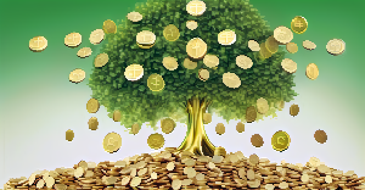 An abstract tree with currency-shaped leaves growing from coins, set against a green and gold background representing financial growth.