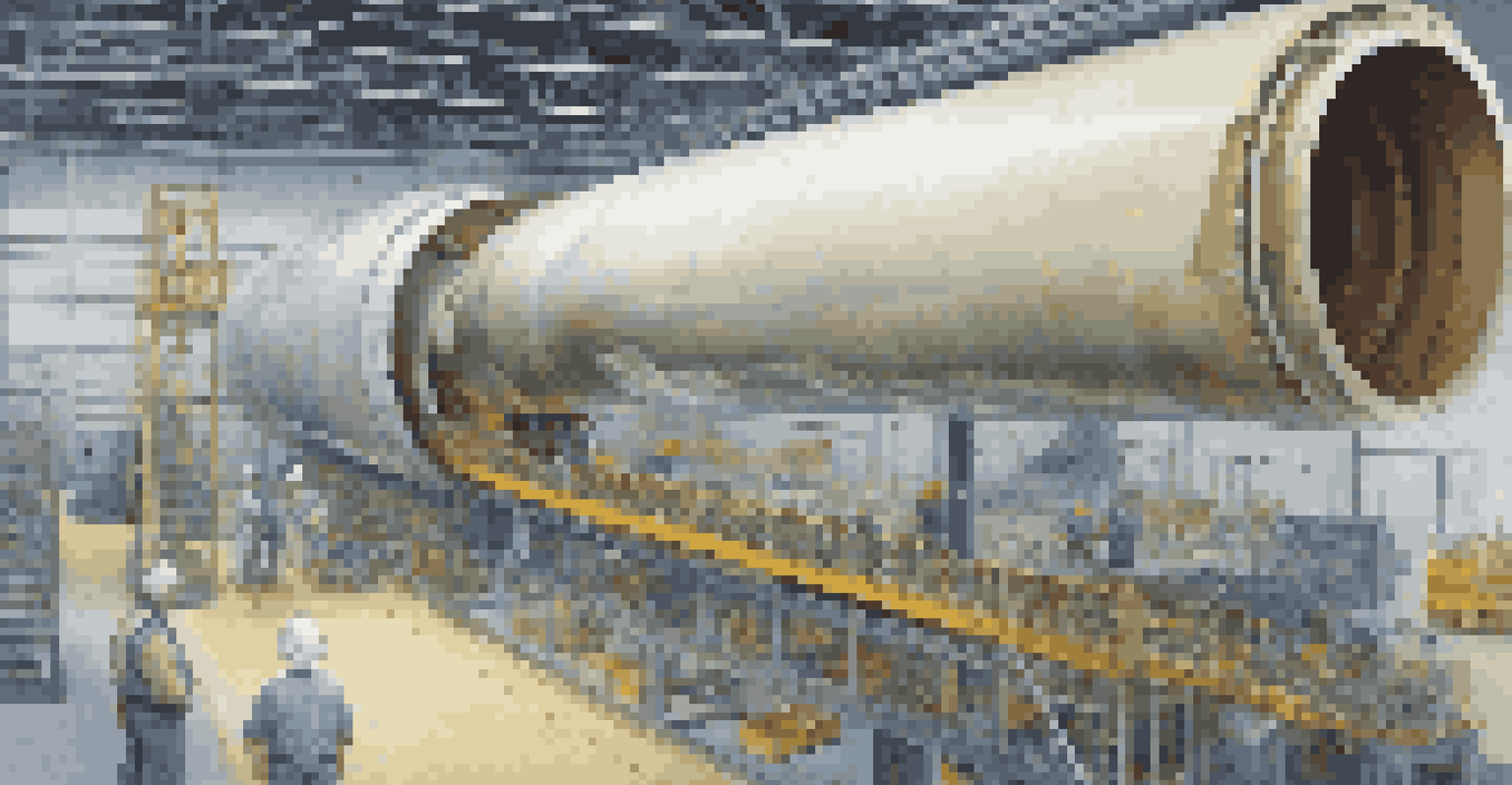 A close-up view of a wind turbine blade being manufactured, with engineers and machinery visible in a high-tech facility.
