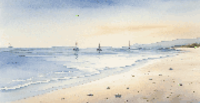 A peaceful beach scene with calm ocean waves, a clear blue sky, and distant sailboats on the horizon.