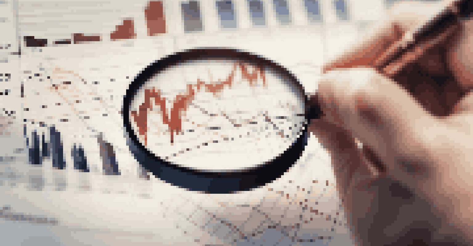 A close-up view of hands using a magnifying glass on a stock market graph, highlighting lines and figures with warm lighting.
