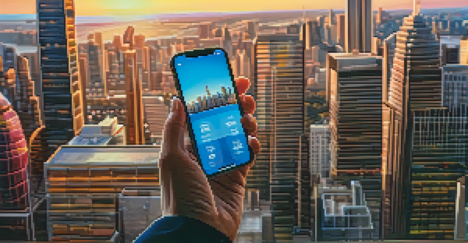 A close-up of a smartphone displaying a financial app against a city skyline background.