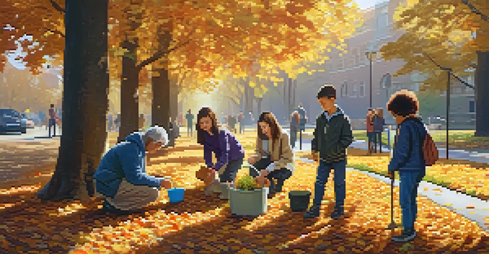 A diverse group of volunteers planting flowers in a park during autumn, surrounded by golden leaves and warm sunlight.