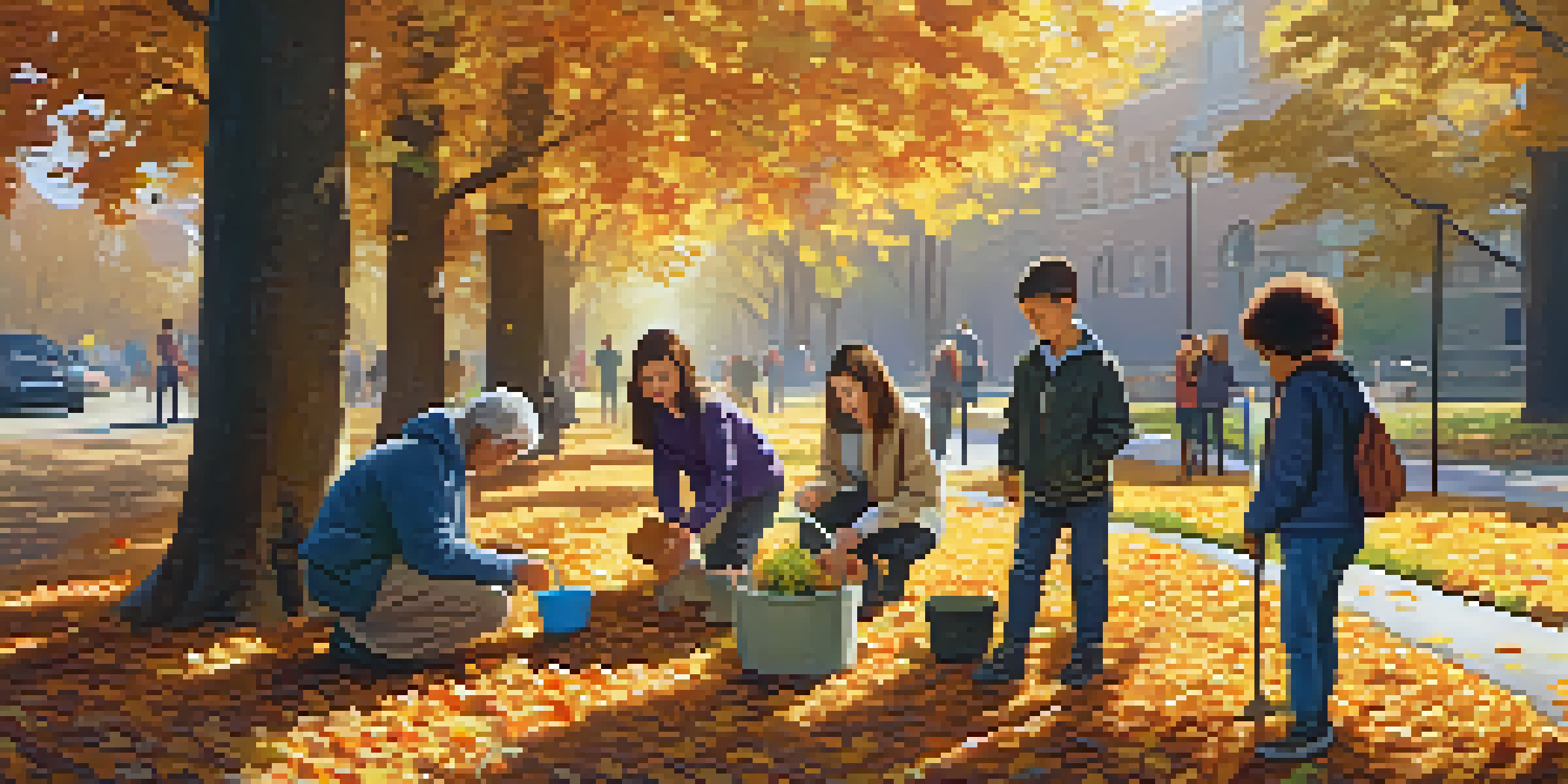 A diverse group of volunteers planting flowers in a park during autumn, surrounded by golden leaves and warm sunlight.