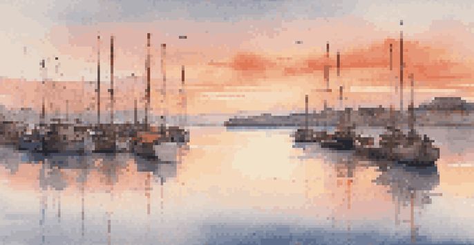 A peaceful harbor with boats during sunset, showcasing vibrant colors in the sky and calm water.
