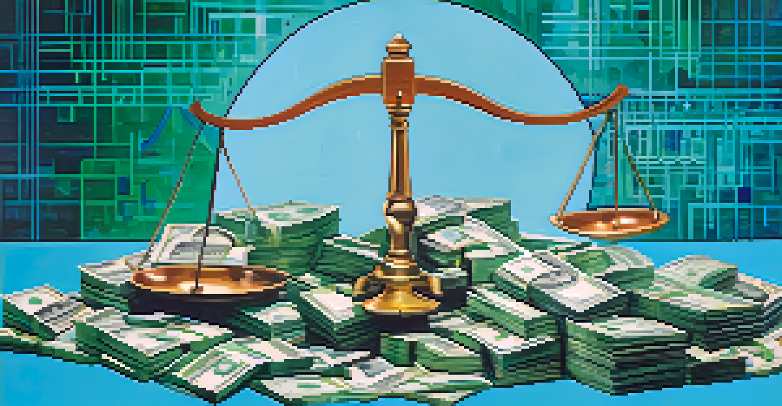 An abstract image showing a balancing scale with cash on one side and a larger stack of assets on the other, set against a dynamic background.