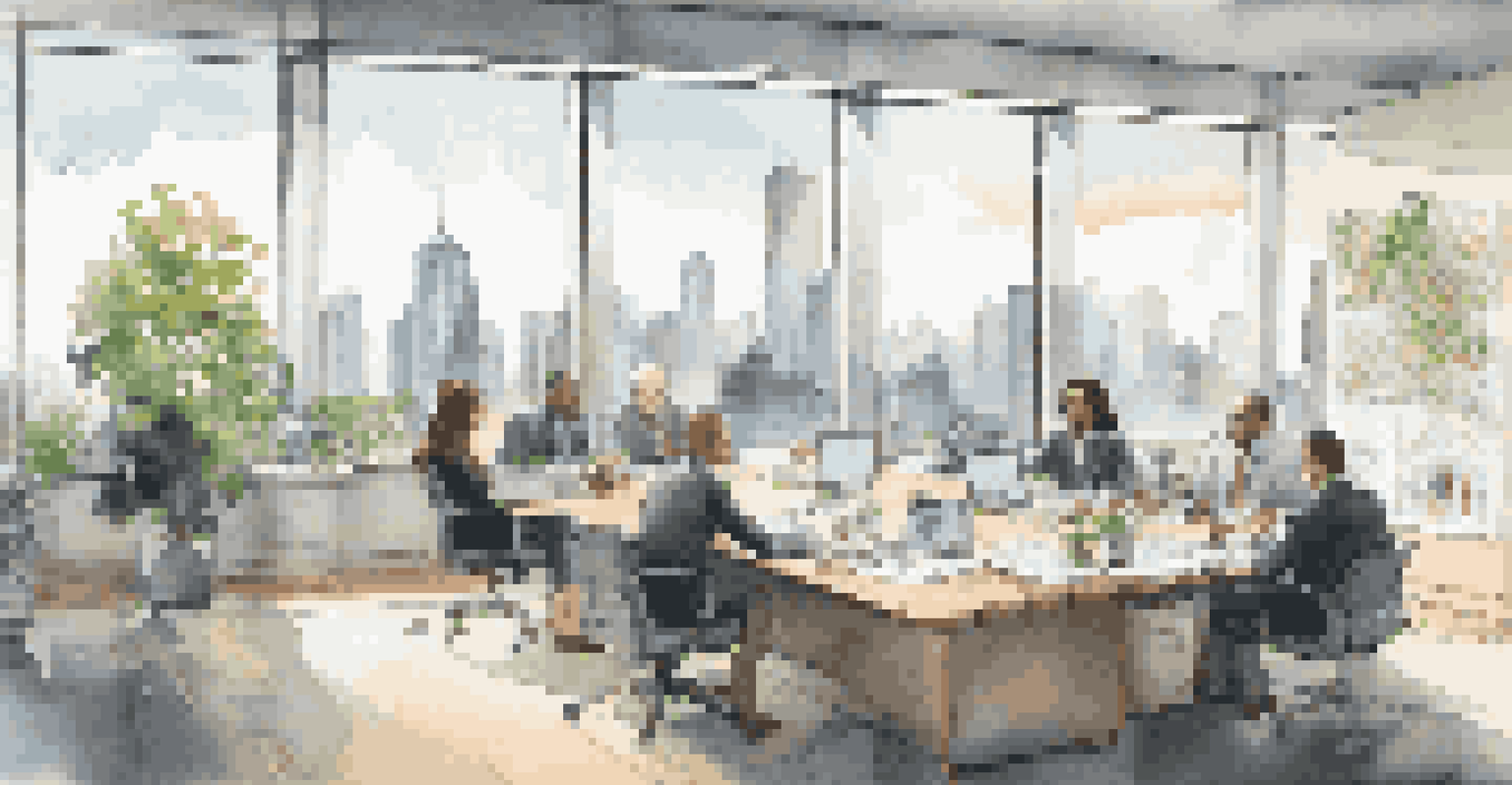 A diverse group of investors discussing performance and fees around a table in a well-lit office with a city skyline view.