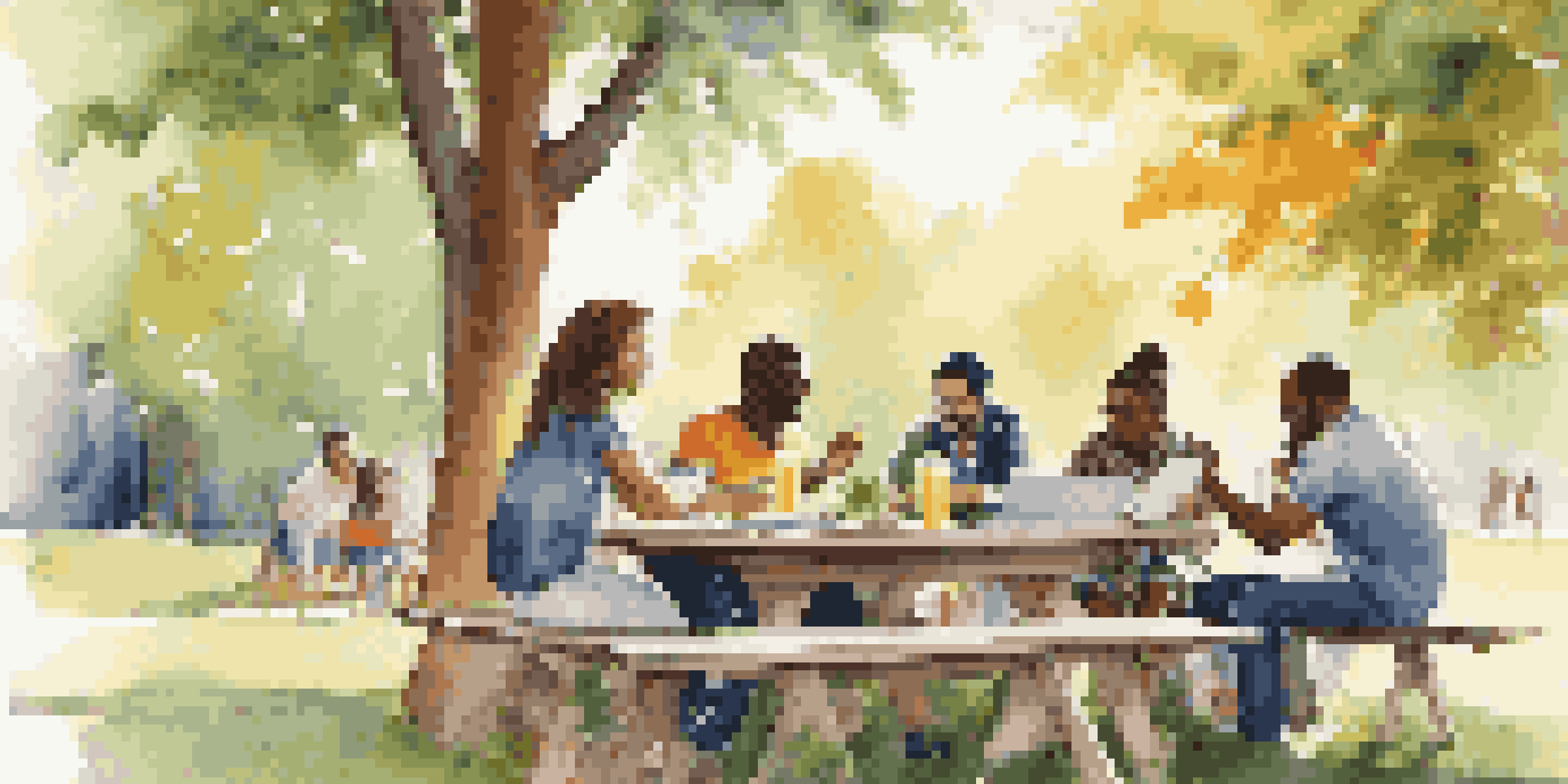 A diverse group of entrepreneurs collaborating outdoors around a picnic table with laptops and snacks.