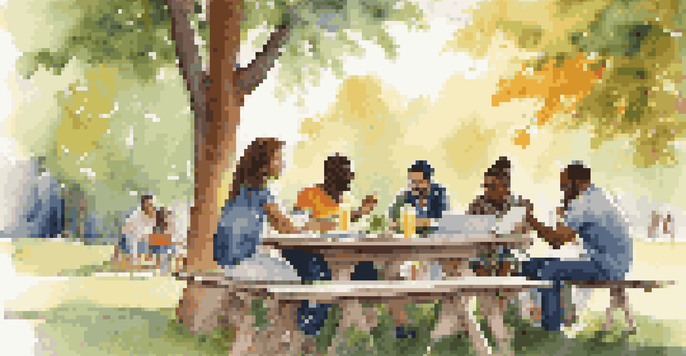 A diverse group of entrepreneurs collaborating outdoors around a picnic table with laptops and snacks.