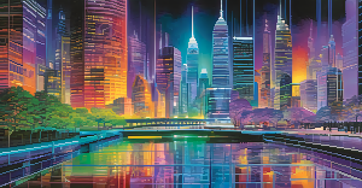 A futuristic city skyline with digital screens showcasing financial graphs and annuity options, representing innovation in finance.