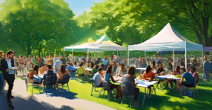 A diverse group of individuals at an outdoor crowdfunding event in a park, discussing projects under the sunlight.