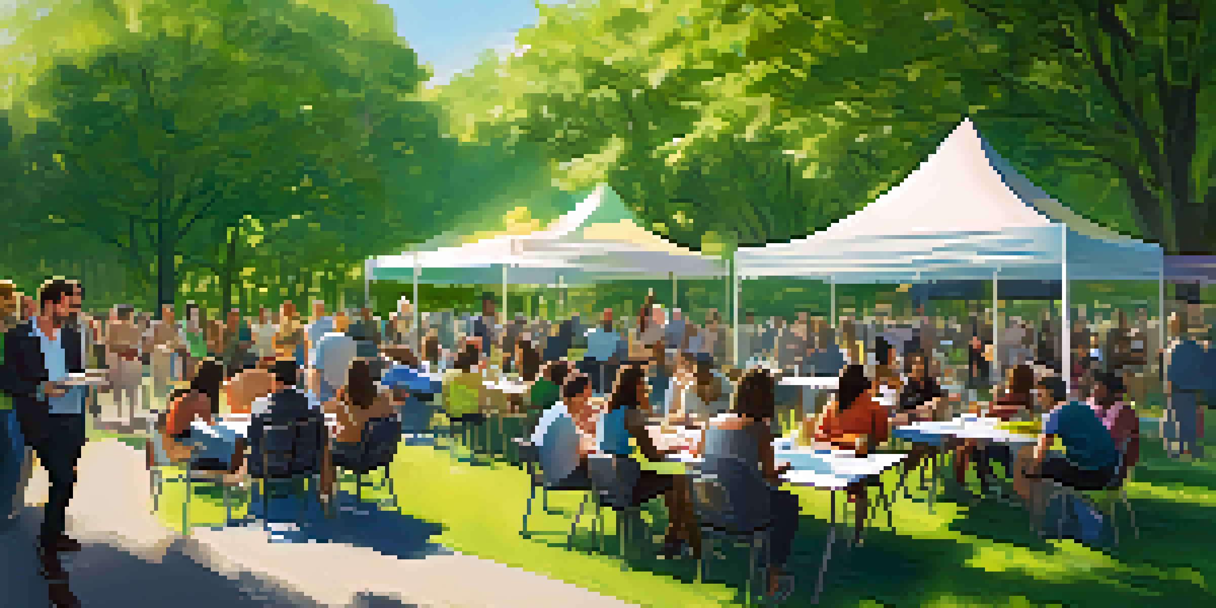 A diverse group of individuals at an outdoor crowdfunding event in a park, discussing projects under the sunlight.