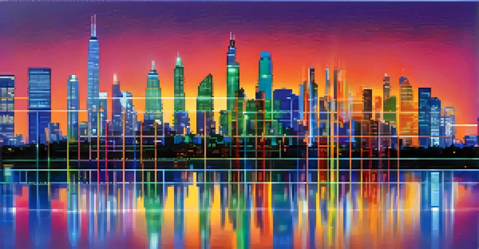 A digital screen showing fluctuating commodity prices against a backdrop of a city skyline at dusk.