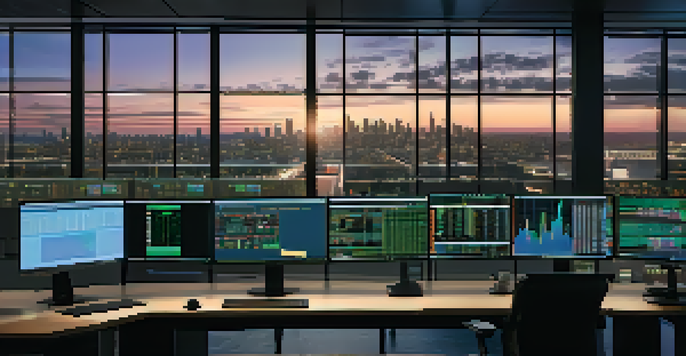A modern trading desk with multiple monitors showing stock charts, a laptop, and a city skyline at dusk in the background.