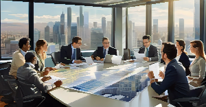A diverse group of professionals in a bright modern office discussing financial regulations around a conference table.