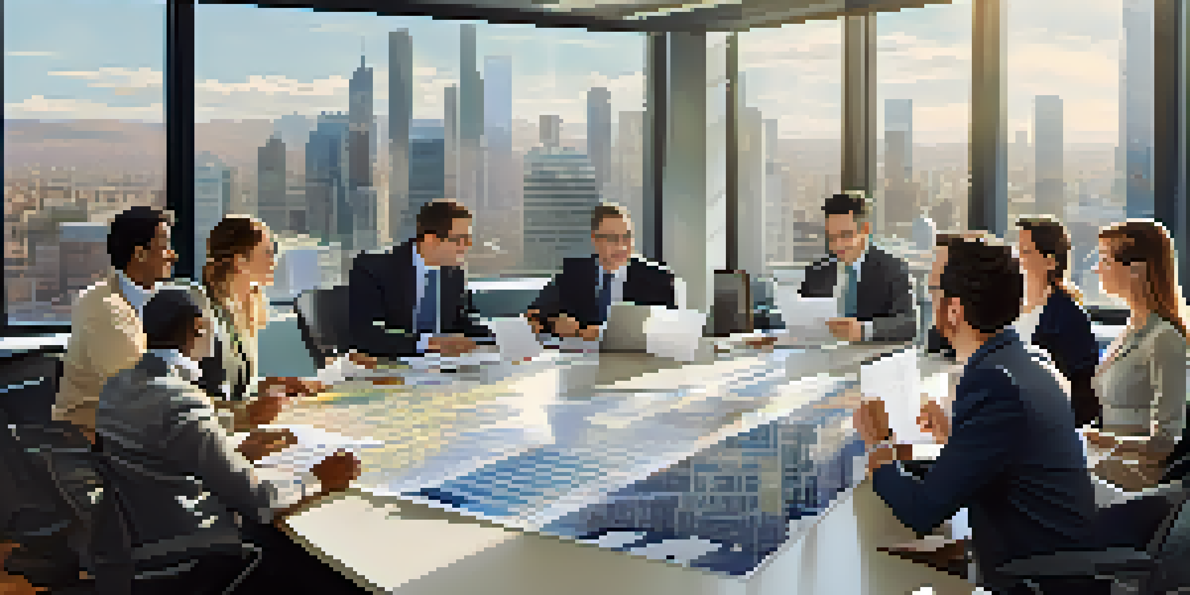 A diverse group of professionals in a bright modern office discussing financial regulations around a conference table.