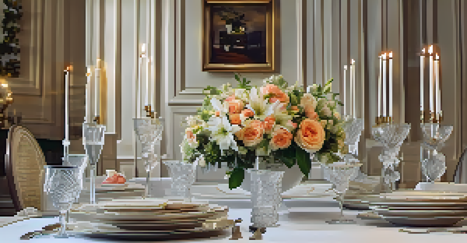 An elegantly set dining table for a gourmet meal, adorned with fine china, crystal glassware, and fresh flowers.