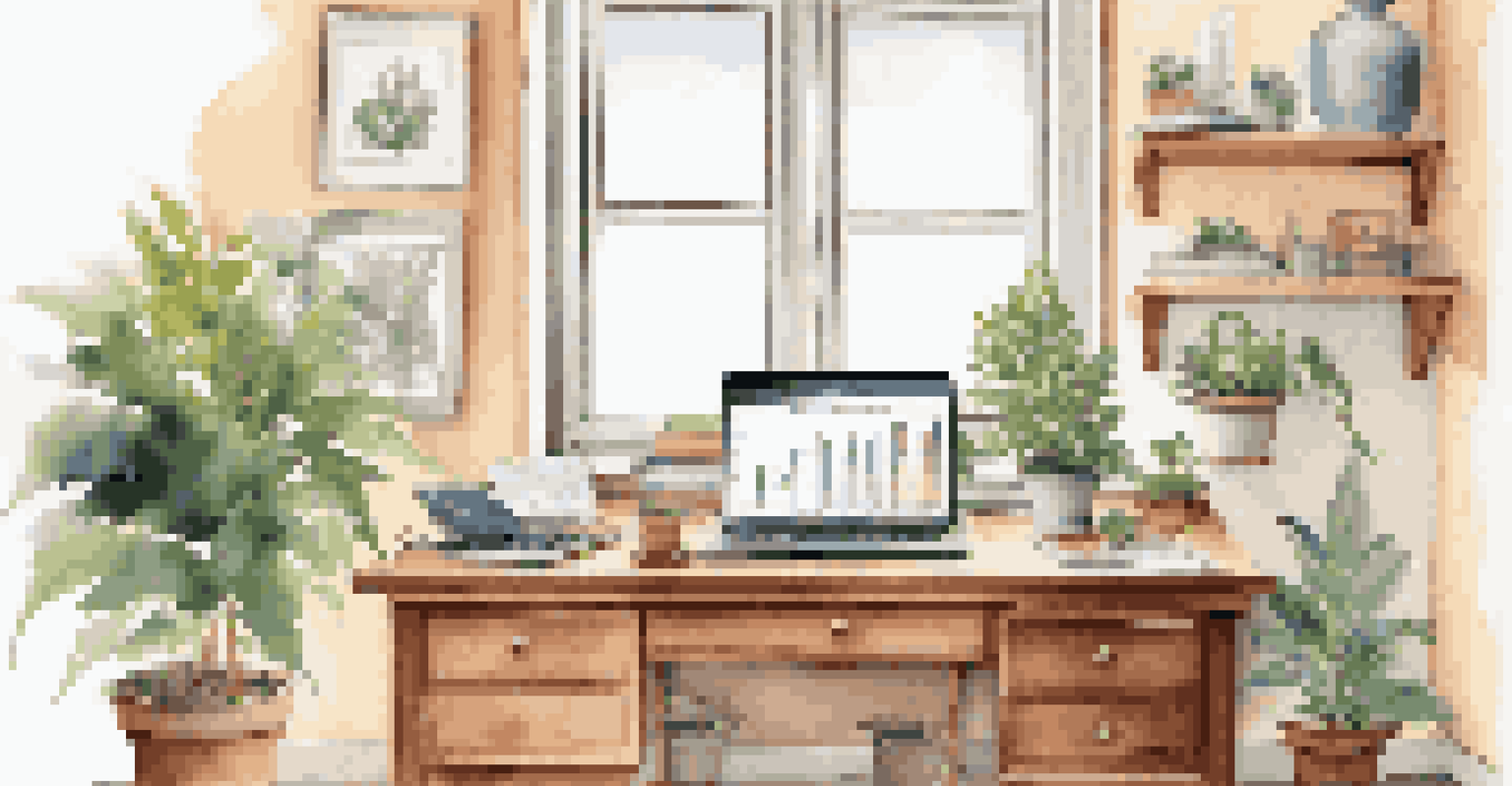 A home office with a desk, laptop displaying investment charts, a potted plant, and a sunny window view.