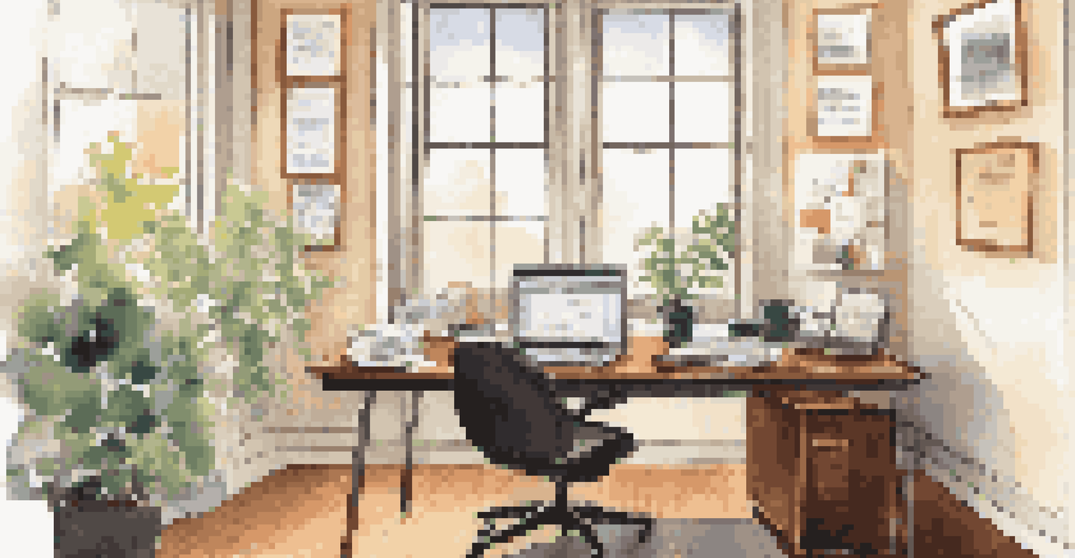 A cozy office space with a desk, laptop, coffee cup, and a bulletin board displaying articles about investment scams.