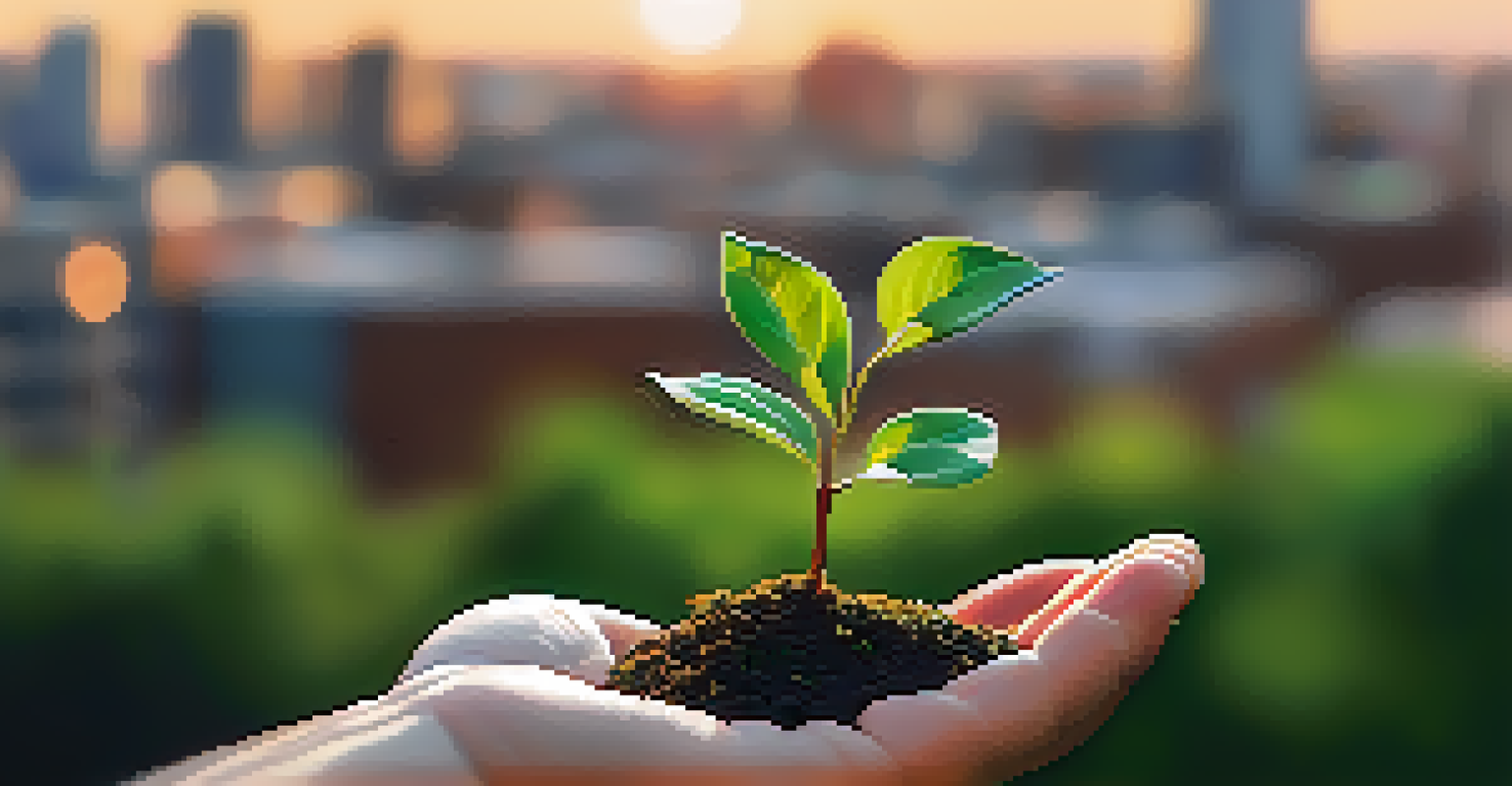 A hand holding a small sapling in front of a blurred city skyline with green rooftops and gardens, illuminated by sunlight.