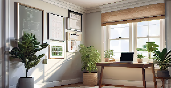A peaceful home office with a desk, laptop, coffee cup, and potted plant, illuminated by soft natural light.
